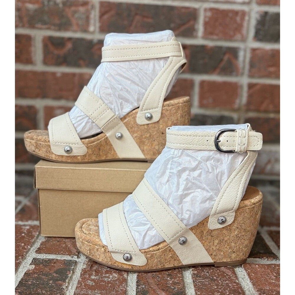 New Lucky Brand LK Valintina Wedge Platform Strapped Sandals Bone Ivory Size 9